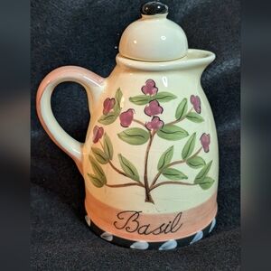 Vintage Basil Oil Vinegar Cruet with Stopper Handpainted Basil Pink flowers Jar